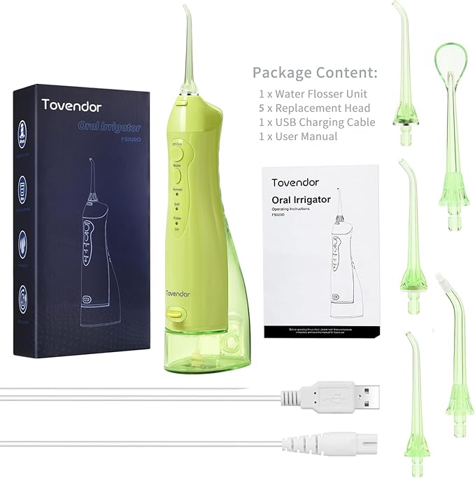 TOVENDOR Electric Water Dental Flosser Teeth Pick, Cordless Flossers Oral Irrigator IPX7 Waterproof 300ML Rechargeable Travel Water Teeth Cleaner with 5 Tips for Home Braces Care Gums Deep Cleaning