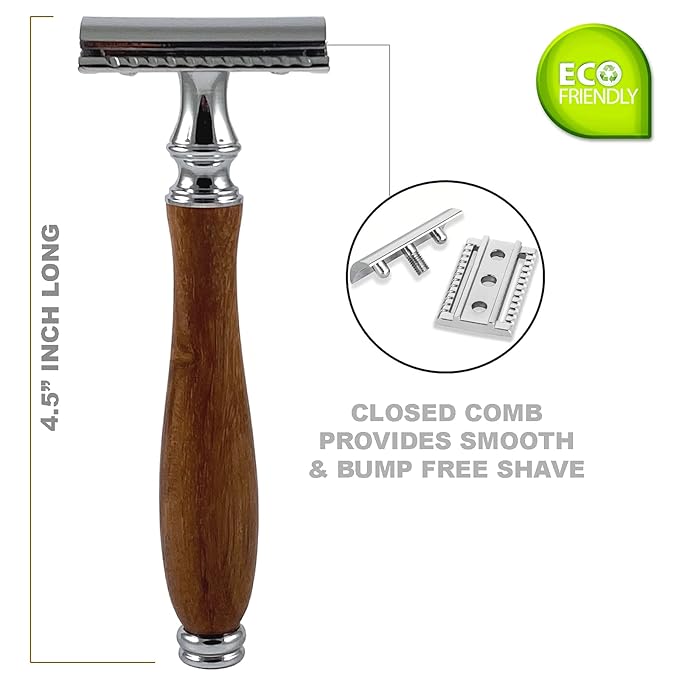 (4.5 Inch) Long Wood Handle Safety Razor for Men Women - Double Edge Manual Razor - Fits All Double Edge Razor Blade - Comes With 5 Shaving Blades, Brown