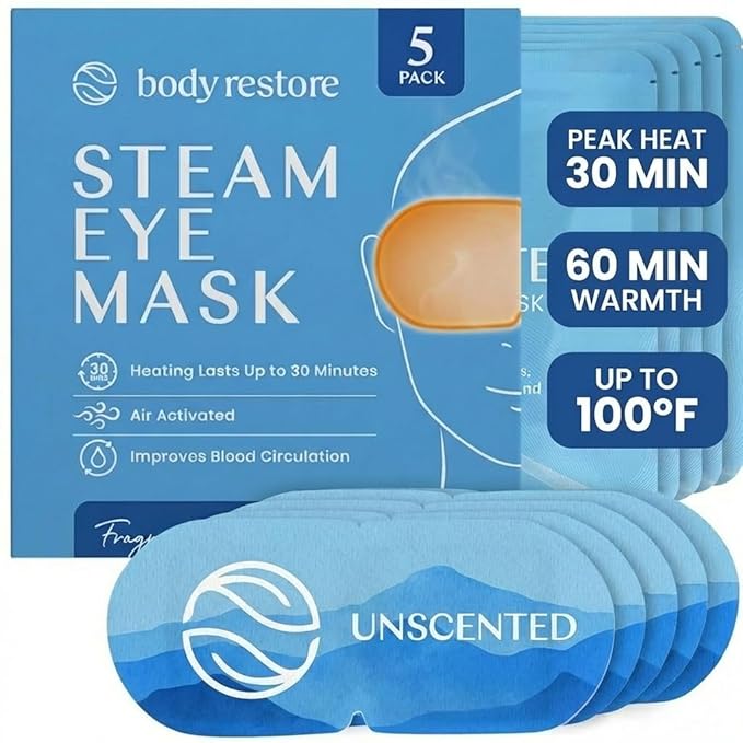 Body Restore Self Heating Warm Compress for Dry Eyes 5 Pack - Heated Eye Mask for Fast Relief, Birthday Gifts for Women, Men, Travel Essentials, Stye Eye Treatment, Eye Patch, Relaxation - Unscented