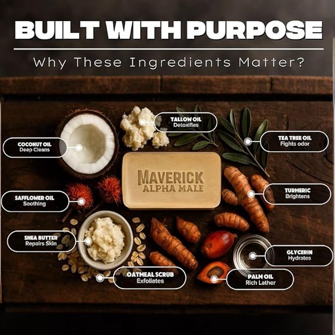 Maverick Alpha Male Soap and Health Brand Unscented Tallow Soap for Men – Natural Bar with Coconut, Tea Tree & Turmeric | Deep Clean, Moisturizing, Sensitive Skin