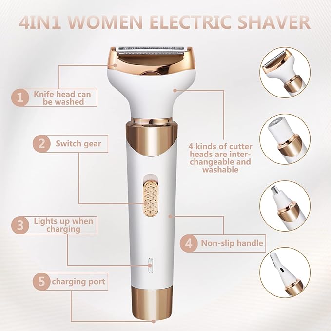 Electric Razor for Women Bikini Trimmer, MKIOVH Women's Cordless Portable 4 in 1 Painless Shaver, for face Legs Brows Nose Detachable Head USB Rechargeable Hair Trimmer