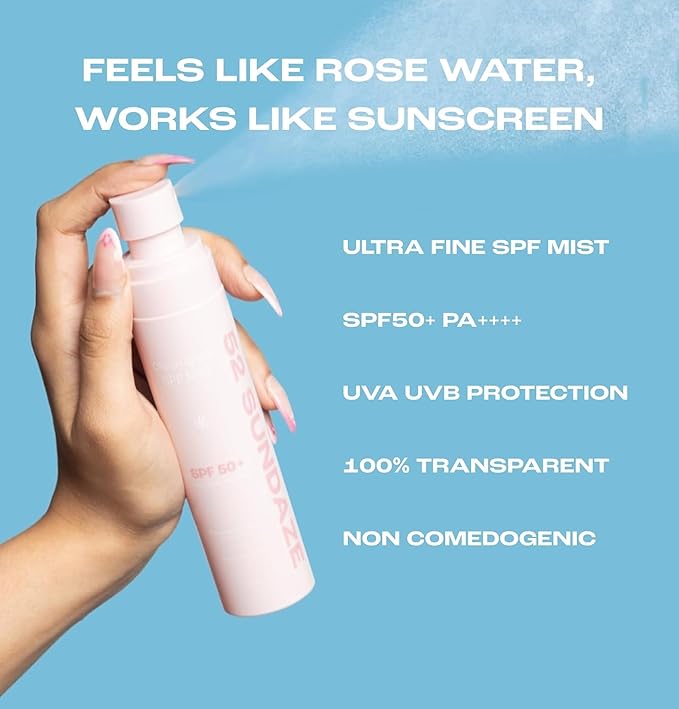52 Su.ndaze Spf50 Rosewater Sunscreen Mist|Spf 50+ Pa++++ Sunscreen Spray|Invisible Sun Screen|Clear Glow Rose Sun Mist|Uva/B Broad|Oily & Dry Skin|No White Cast|Easy Reapplication|Men & Women|100 Ml