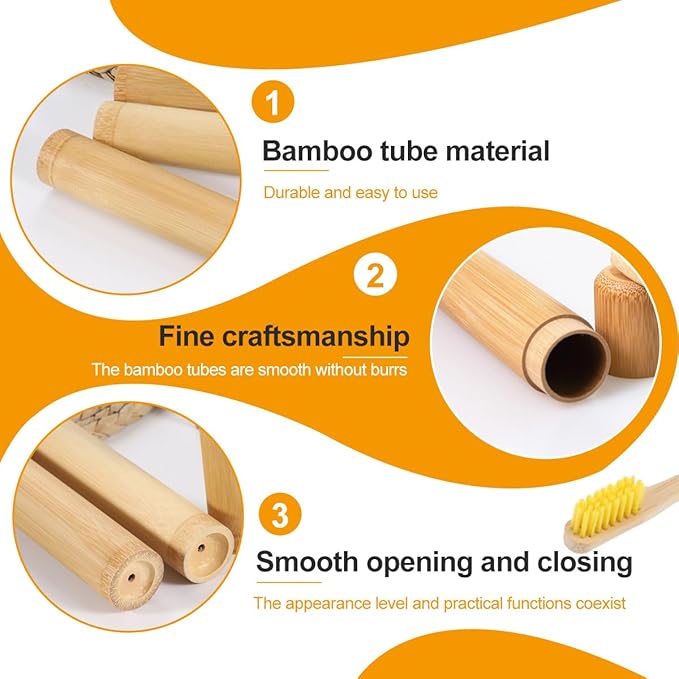 2 Pcs Natural Bamboo Toothbrush Storage Holder Empty Reusable Portable Toothbrush Case with Cover Personal Cleaning Tools Container Organizer Tube for Travel Trip