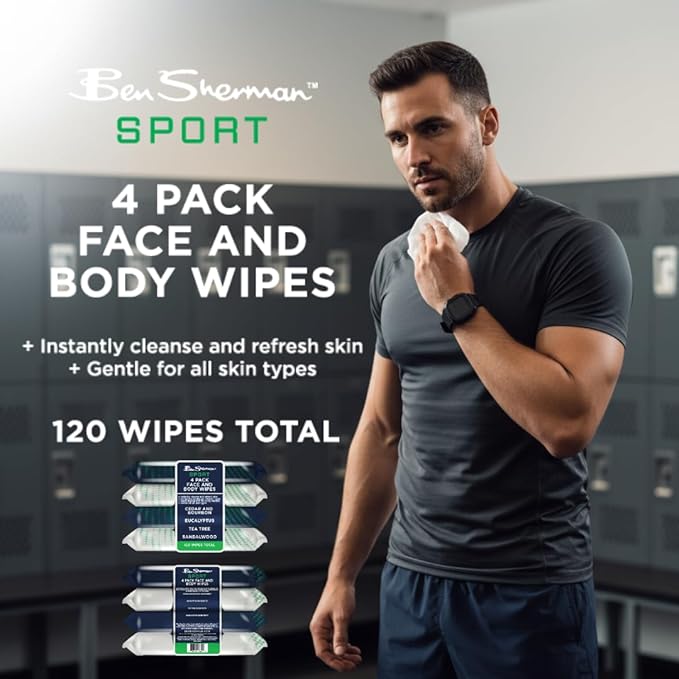 Ben Sherman Men's Face Wipes - 4 Pack (120 Total) Cleansing Wipes for Men with Cedar & Bourban, Eucalyptus, Tea Tree & Sandalwood