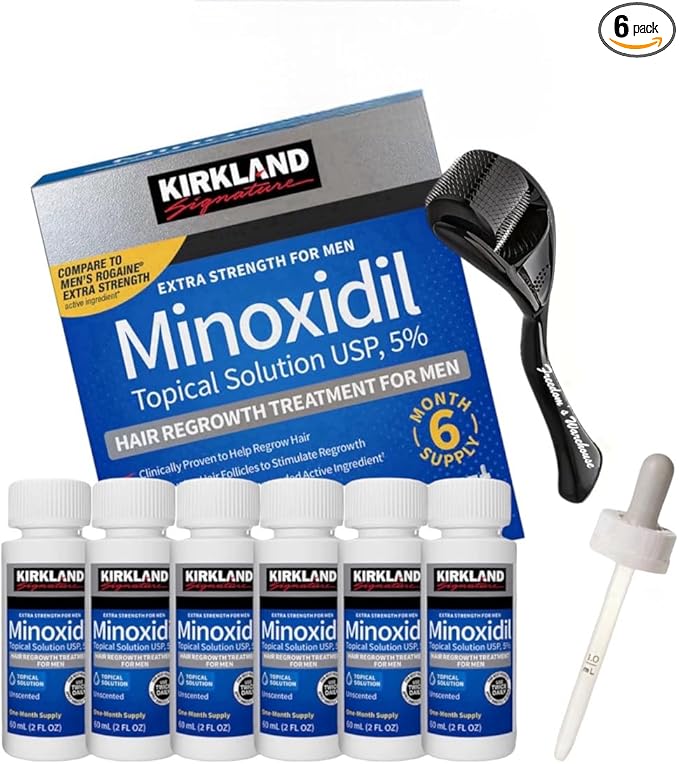(6 Pack) Kirkland Minoxidil for Men Hair Regrowth Treatment, Liquid Extra Strength 5% Topical Solution, 6 Months Supply - Dropper Applicator and Microneedle Roller Included - Minoxidil Kirkland