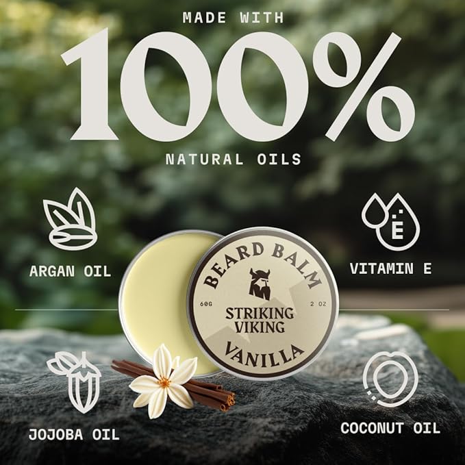 Striking Viking Beard Balm for Men - 2 oz, Vanilla Scent - Light Hold Moisturizer & Beard Conditioner for Men That Softens & Nourishes Coarse Facial Hair with Shea Butter & Tea Tree Oil