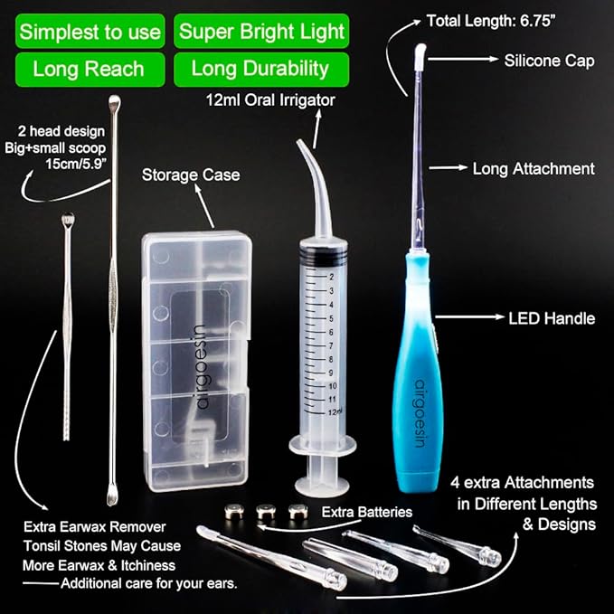 Airgoesin™ Upgraded Tonsil Stone Remover Tool, Blue, 5 Tips, Tonsillolith Pick Case + 1 Irrigator Fresh Breath Oral Rinse