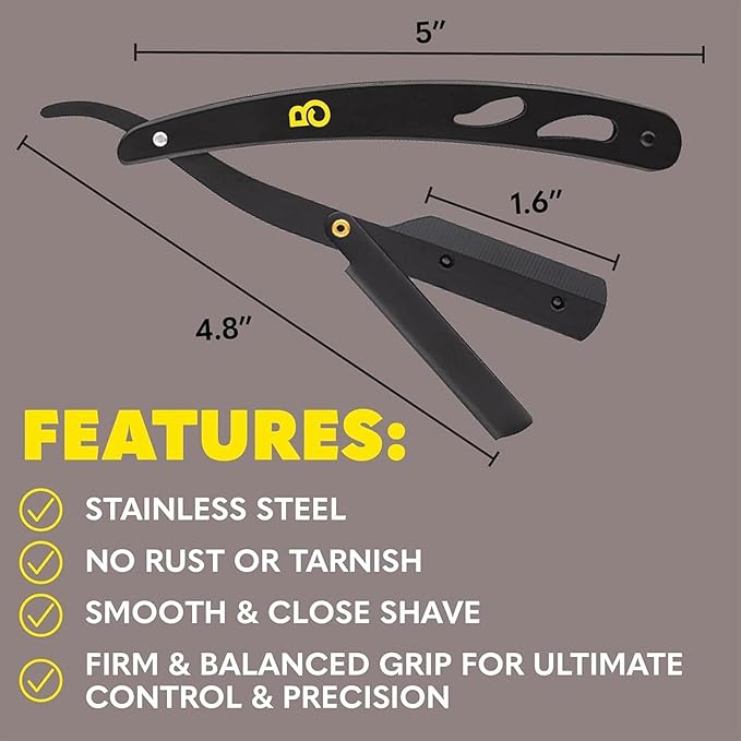 The Beard Club Straight Razor for Men - Navajas Para Barbero - Barber Straight Edge Razor Kit - Single Derby Blade Cutthroat With 5 Replaceable Stainless Steel Blades - Black