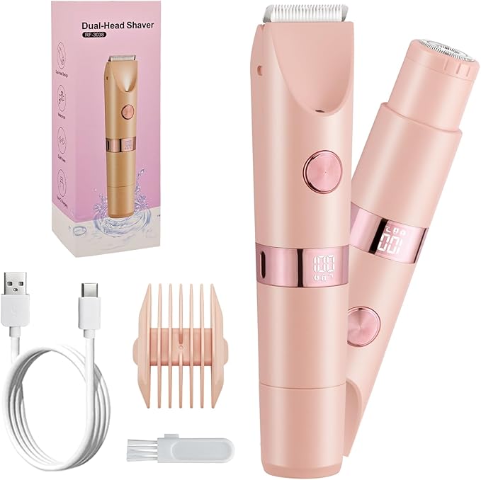 Bikini Trimmer for Women，Dual Head Women Shaver IPX6 Waterproof Cordless Pain Free Hair Removal with Safety Lock Trimmer for Smooth Skin Ideal for Bikini Area Body and Facial Hair (Pink)