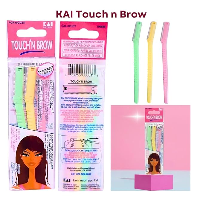 Kai Touch n Brow Eyebrow Razor for Women, 3 Count (Pack of 4), Facial Razor & Dermaplaning Tool with Safety Guard, Peach Fuzz Remover & Precision Brow Trimmer