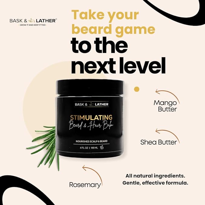 BASK & LATHER Hair & Beard Balm, Leave-in Conditioner with Essential Oils, Mango & Shea Butter, Relieves Itchy Scalp, Strengthens & Shines Hair & Beard, 4 fl oz, 2PK