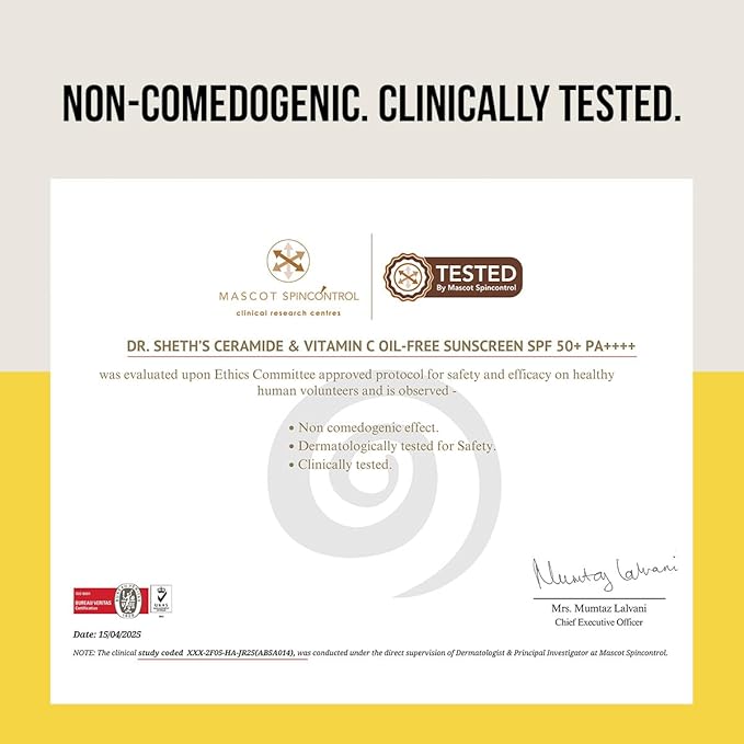 Dr. Sheth's Ceramide & Vitamin C Oil-Free Sunscreen SPF 50+ PA++++ | Non Greasy | For Oily Skin | For Men & Women | 50 g