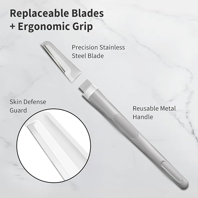 Dermaplane Razor for Women Face, Precision Face Razors for Women, Dermaplaning Tool, Gentle Exfoliation, Perfectly Shape Brows, Reusable Metal Handle with 8 Microblades,Gray