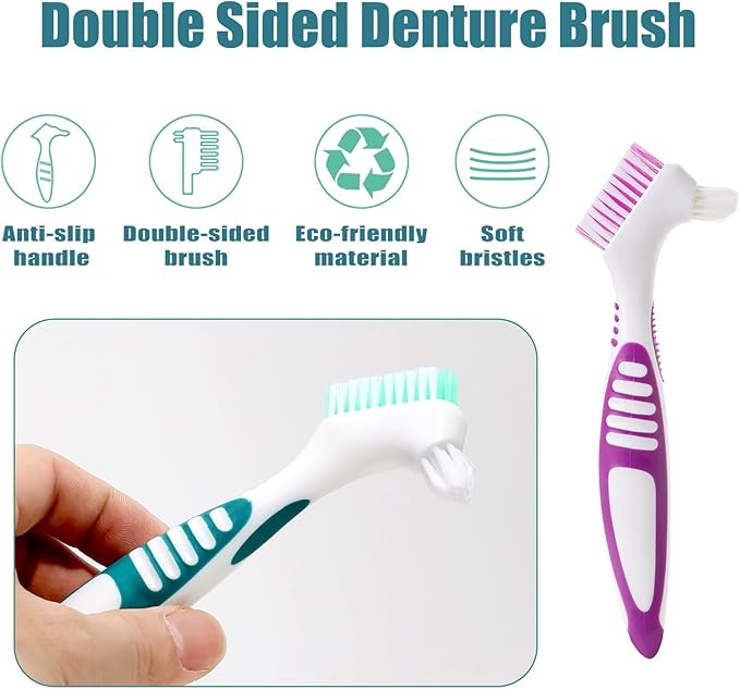 Denture Brush with Case, Convenient Travel False Teeth Toothbrush, Rubber Material, Ergonomic Handle False Teeth Toothbrush, Soft Denture Brush, Effective Denture Cleaner Brushes Kit