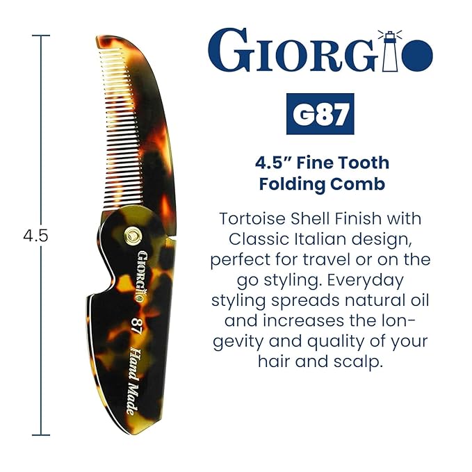 Giorgio G87 Small Fine Tooth Folding Mustache and Beard Comb for Men - Handmade, Saw-cut, Hand Polished Pocket Styling Combs for Everyday Grooming and Hair Care Tokyo (4.5")