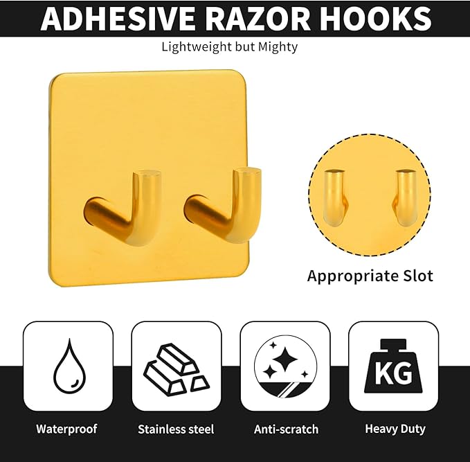 Snailhouse Razor Holder for Shower, 2 Pack Stainless Steel Self Adhesive Bathroom Razor Shaver Towel Hooks Hanger Stand for Wall, Gold