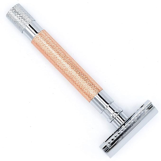 Parker 56R Heavyweight Double Edge Safety Razor with 5 Parker Premium Platinum Stainless Steel Razor Blades – Classic 3 Piece Design (Rose Gold))