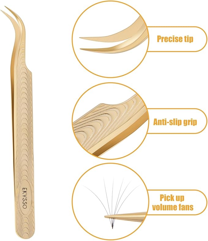 Lash Tweezers for Eyelash Extension, Professional Lash Extension Tweezer Set, High Precision Eyelash Tweezers for Volume Eyelash Extensions (Gold, 5PCS Set)