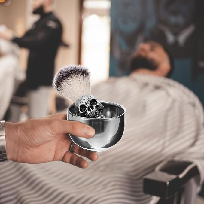 Shaving Bowl and Brush Kit, Skull Design Shaving Bowl Wide Mouth Shaving Kit Stainless Steel Beard Brush Shaving Tools For Men Women