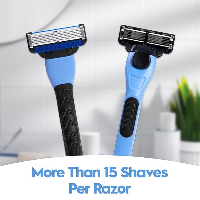 6-Blade Men's Razor with Dual Lubrication and Precision Trimmer, Shaving Kit for Men, 10 Piece Set, 1 Handle & 9 Refill Cartridges, Smooth Comfortable Shave (Blue)