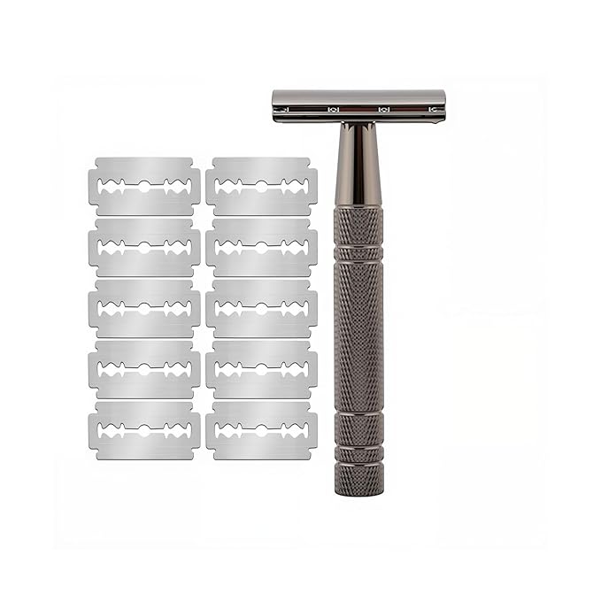 Men's and Women's Manual Razor Safety Razor with 10 Double Edge Blades, Double Edge Razor, Reusable Razor Kit, Eco-Friendly, Smooth Close Shave, Plastic-Free (Black)