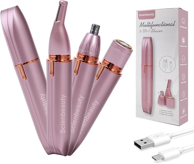 Scienbeauty Nose Ear Hair Trimmer Facial & Eyebrow Hair Remover for Women, 3 in 1 USB Rechargeable Painless Hair Removal Kit with 3 Replaceable Rinseable Grooming Heads