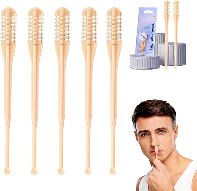 Kafia 2-in-1 Nasal Hair Cutter,Double Sided Nose Hair Knife,360° Nostril Hair Remover Tool,Nose Hair Shaver with Soft Cleaning Brush (5 PCS)