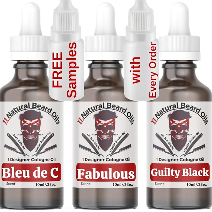 3 Bottle Sample Pack 11 Natural Anti-Aging Cologne Scented Beard Oils For All Men, Beard Growth and Conditioner | Dry Flaky Dandruff skin | Oily Skin (Bleu, Fabulous, Guilt Bk)