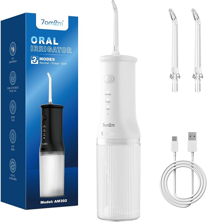7AM2M Portable Cordless Water Flosser, Oral Irrigator with 3 Modes & 2 Tips, Fast Rechargeable, IPX7 Waterproof, Dental Water Flosser for Travel and Home Use (White)