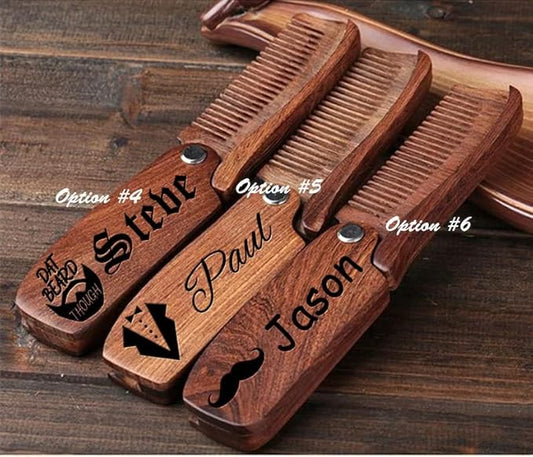 Personalized Beard Comb for Men, Engraved Wood Comb, Folding Pocket Size Comb, for Moustache Beard & Hair, Grooming Gift, Groomsmen Gift, Premium Handcrafted Wood