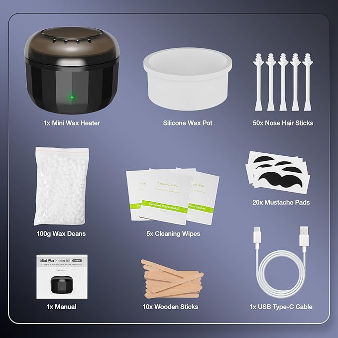Nose Wax Kit Men, Nose Hair Removal Kit with Built-in Mini Wax Warmer, Ear Hair Removal for Men, 100g Beads, 50 Depilation Sticks, 20 Beard Guards, USB Fast Heating & Constant Temperature