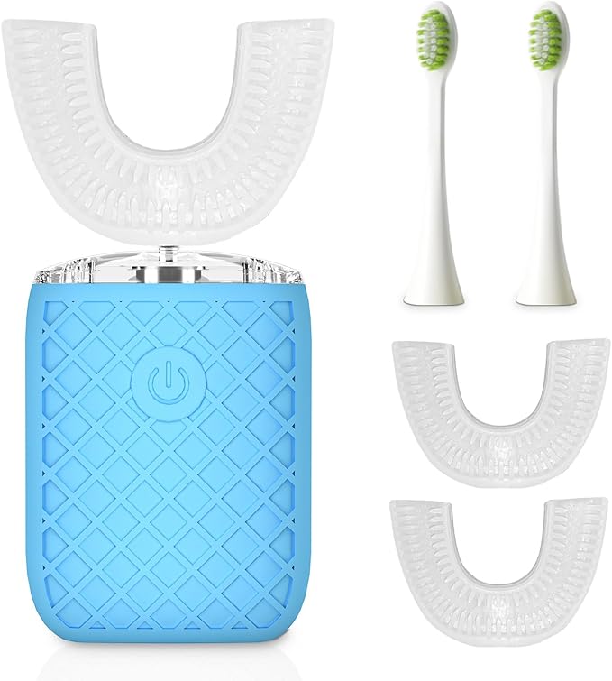 Automatic Sonic Electric Toothbrush - Adult U-Shaped Design, IPX7 Waterproof 360° Full Cleaning, Rechargeable Travel Set (Sky Blue)