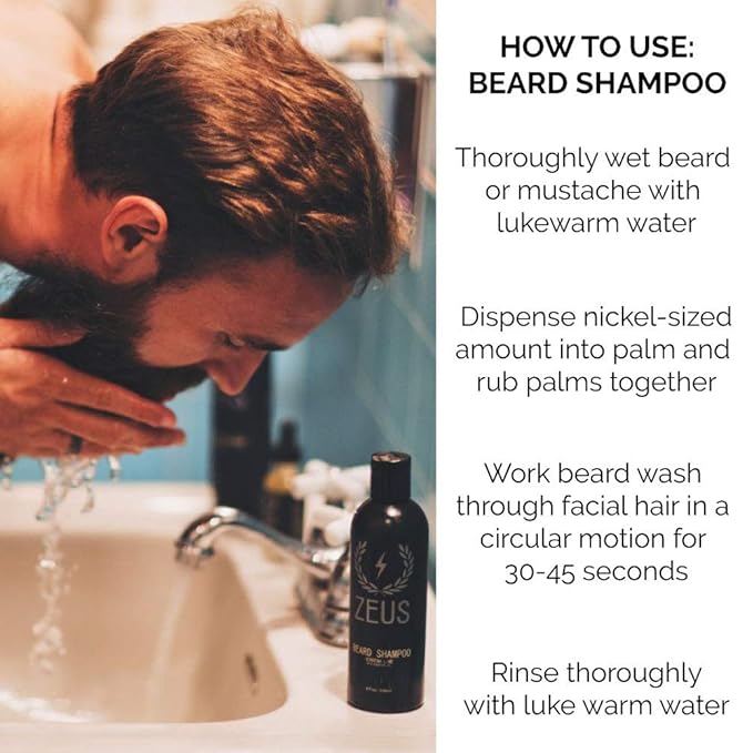 ZEUS Beard Shampoo Wash, Infused with Green Tea & Natural Ingredients to Cleanse and Soften Beard – 8 oz. Made in USA – Sandalwood