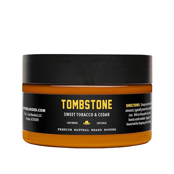 Live Bearded Beard Butter, 3 fl oz - Made in the USA - All-Natural Leave-in Conditioner and Softener with Shea | Tombstone Scent - Sweet Tobacco, Cedar