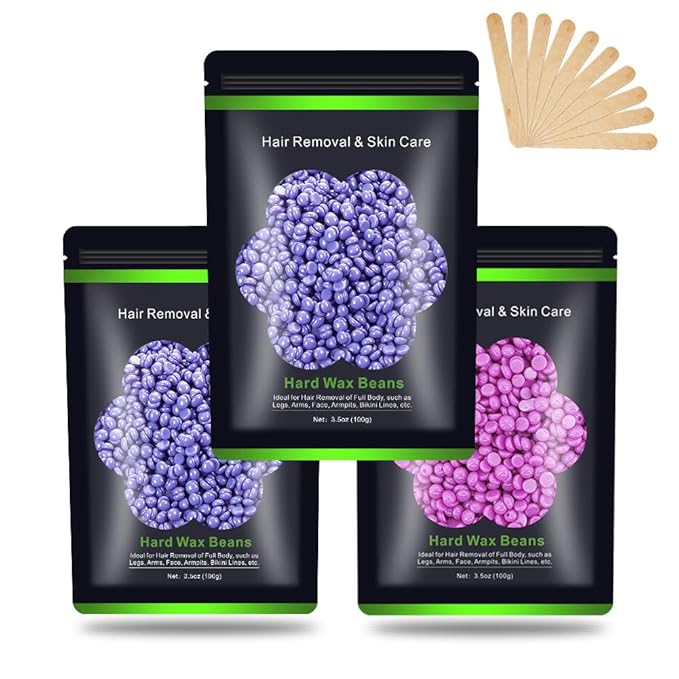 Wax Beads for Hair Removal 10.5oz (300g), Auperwel Hard Wax Beads Beans for Sensitive Skin Brazilian Waxing, Face, Bikini, Eyebrow, Legs, Painless for Women Men, 3 packs Kit with 10 Sticks