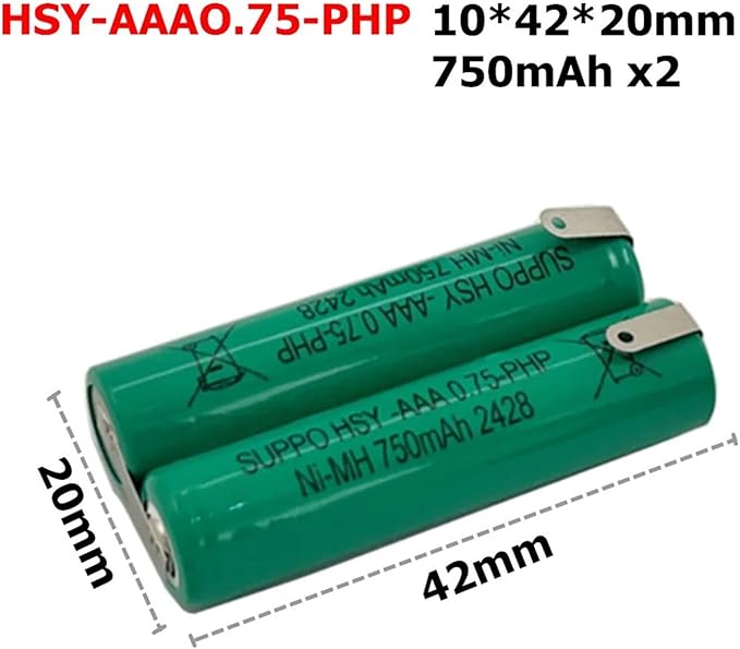 2.4V HSY-AAA0.75-PHP Ni-MH SUPPO Battery - Compatible with Waterpik 900, Sensonic Plus SR-3000/SR-3000E, BK-4MCCE Sonic Toothbrushes(1 Pack 750mah x2)
