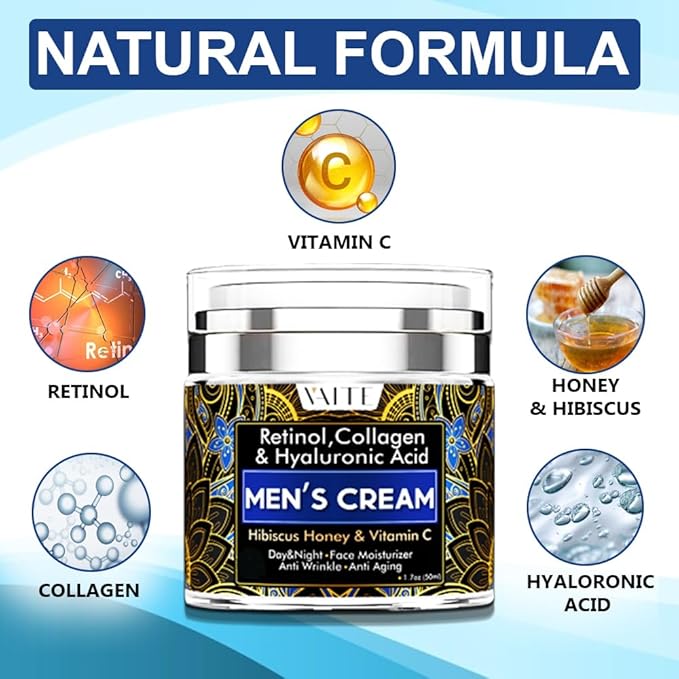 VAITE Mens Face Moisturizer with Collagen, Retinol, Anti-Aging, Anti-Wrinkle Cream for Men, Hydrating Facial Skin Care with Hyaluronic Acid, Hibiscus, Honey & Vitamin C, Day & Night Hydration