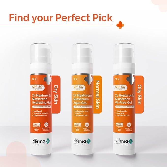 The Derma Co 1% Hyaluronic Sunscreen Hydrating Gel SPF 50 PA++++ | For Dry, Sensitive Skin | UVA/UVB, Broad Spectrum & Blue Light Protection | Clinically Tested - (In -Vivo) | For Men & Women | 50 g