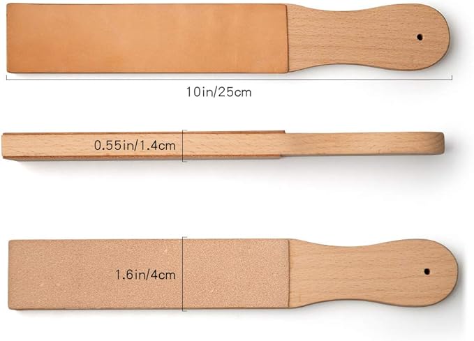 WUTA Natural Leather Sharpening Strop w/Green Polishing Compound,Knife Razor Polishing Board Wooden Handle Double-Sided Vegetable Tanned Leather