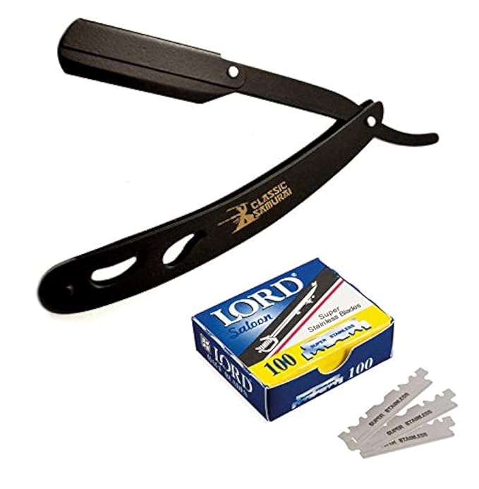 CS-102 Stainless Steel Professional Barber Straight Edge Shavette Cut Throat Razor (Matte Black + 100 Lord Blades)