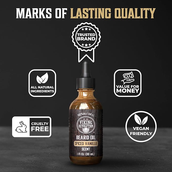 Viking Revolution Beard Oil for Men - Natural Mens Beard Oil with Argan Oil and Jojoba Oil - Beard Softener,Strengthens and Moisturizes - Beard Conditioner for Men (Spiced Vanilla, 1 Pack)