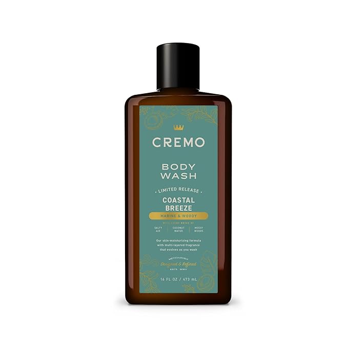 Cremo Rich-Lathering Coastal Breeze Body Wash Men, Notes of Salty Air, Coconut Water, and Mossy Woods, 16 Fl Oz