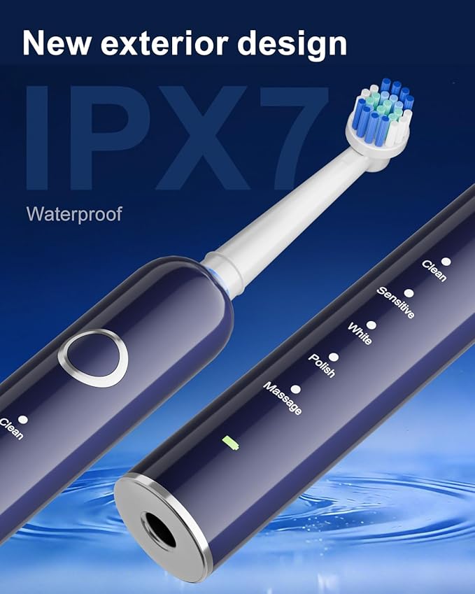 Rotating Electric Toothbrush for Adults, 8 Brush Heads (2 Types) & Travel Case, 5 Cleaning Modes Rechargeable Power Toothbrush with 2-Minute Smart Timer, Blue