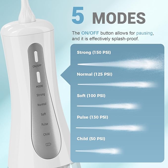 350ML Water Dental Flosser Teeth with Stand Convenient Storage, 5 Modes Portable Cordless Oral Irrigator, Electric Rechargeable IPX7 Waterproof for Home Travel Teeth Cleaning (White)
