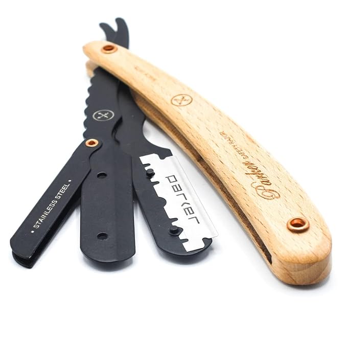 Parker SRP Pine Wood Handle Straight Edge Barber Razor – Stainless Steel Clip‑Type Straight Razor, 5 Premium Half DE Blades Included