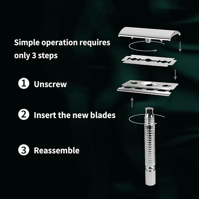 Safety Razor for Men and Women, Reusable Metal Razors, with 10 Platinum Safety Razor Blades, Face Razors for Men Shaving, Sustainable Hair removal and shaving cleaning tools, Metallic Silver
