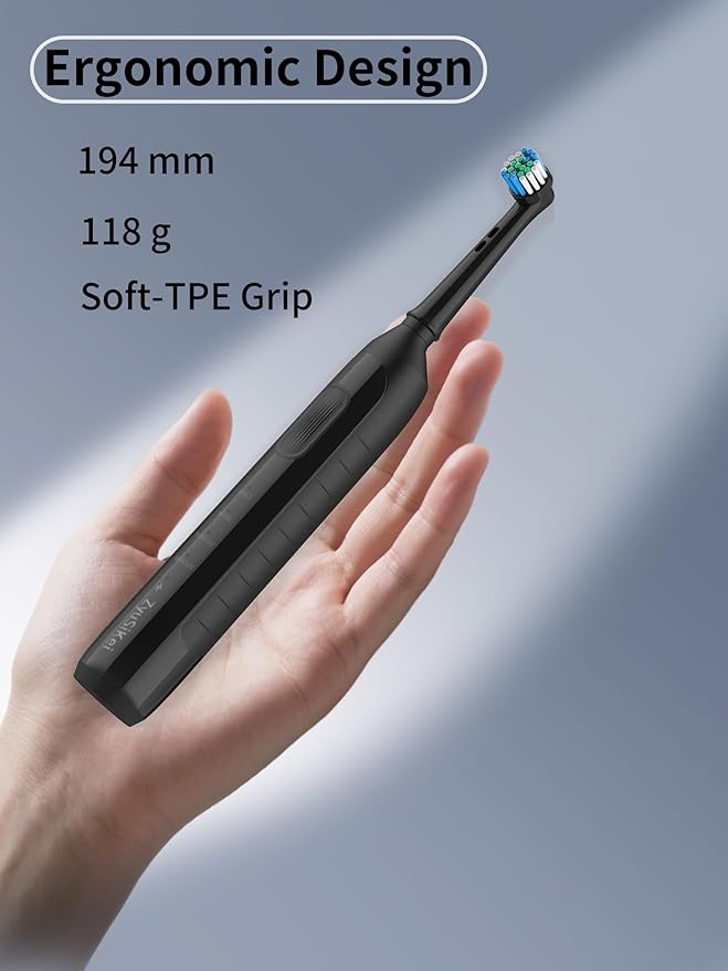 Rotating Electric Toothbrush for Adults with 4 Modes, Round Head and USB Charging Base - for Sensitive Gums, IPX7 Waterproof (Black)