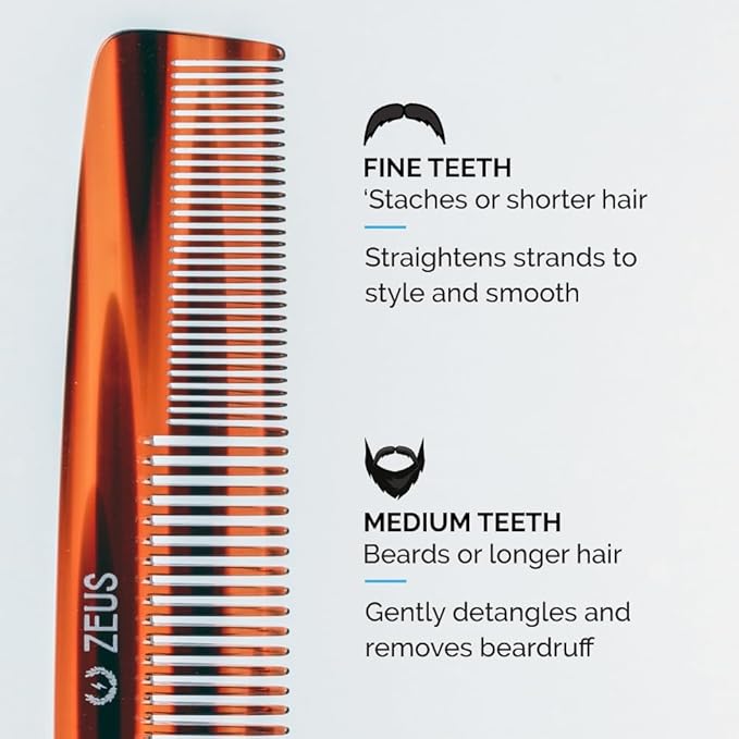 ZEUS 7.5” Large Beard & Mustache Comb, Handmade Saw-Cut Comb for Men’s Grooming, Anti-Static, Ultra-Smooth Finish for Snag-Free Styling (Tortoiseshell) C12
