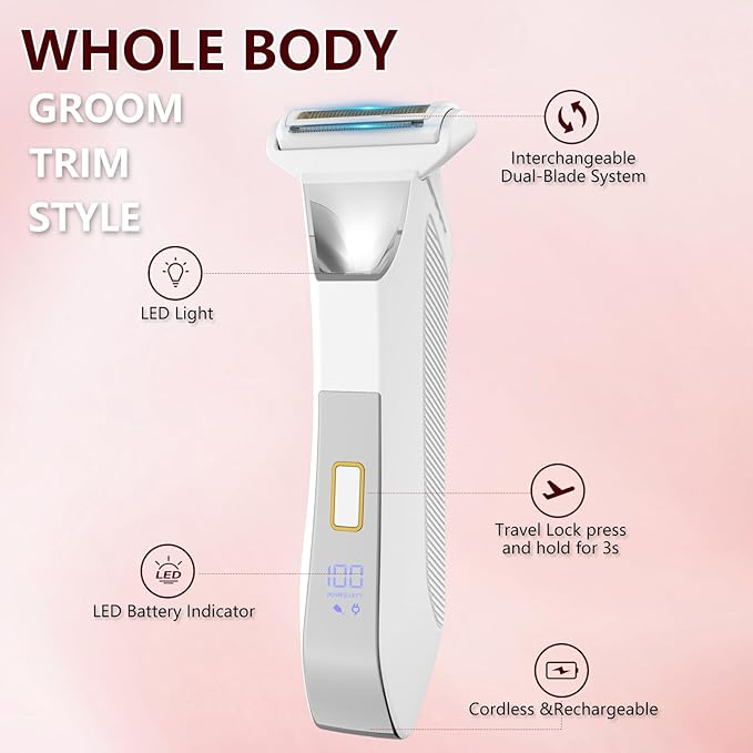 2-in-1 Electric Bikini Trimmer for Women, Dual Head Shaver for Body & Pubic Hair, Painless Smooth, No-Nick Shaving, IPX7 Waterproof, Lightweight with Travel Lock, LED Display