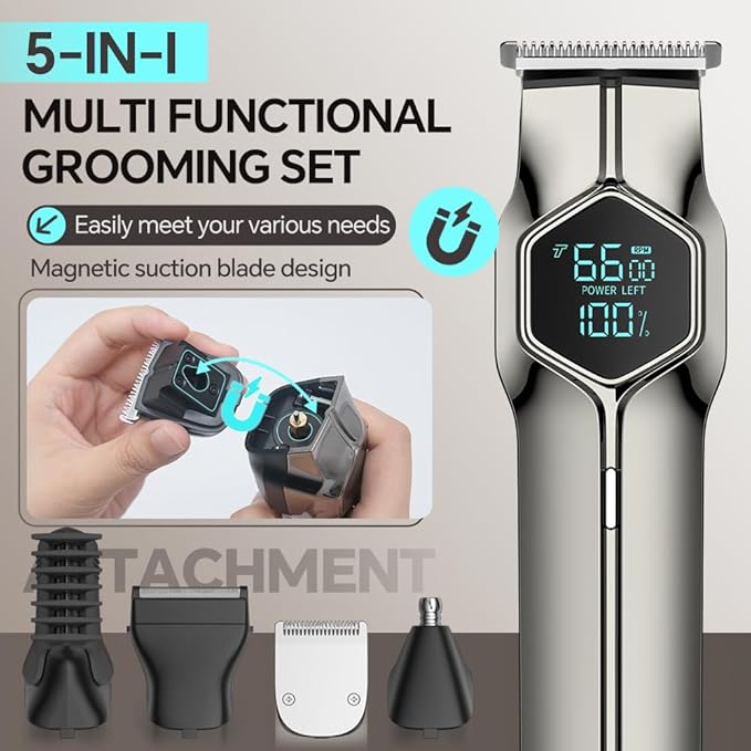 GERTZY 5-in-1 Electric Beard Trimmer Magnetic Replacement Heads, Professional Cordless Hair Clippers for Men Rechargeable, IPX7 Waterproof Grooming Kit for Mustache, Body, Nose, Gifts for Men (Silver)